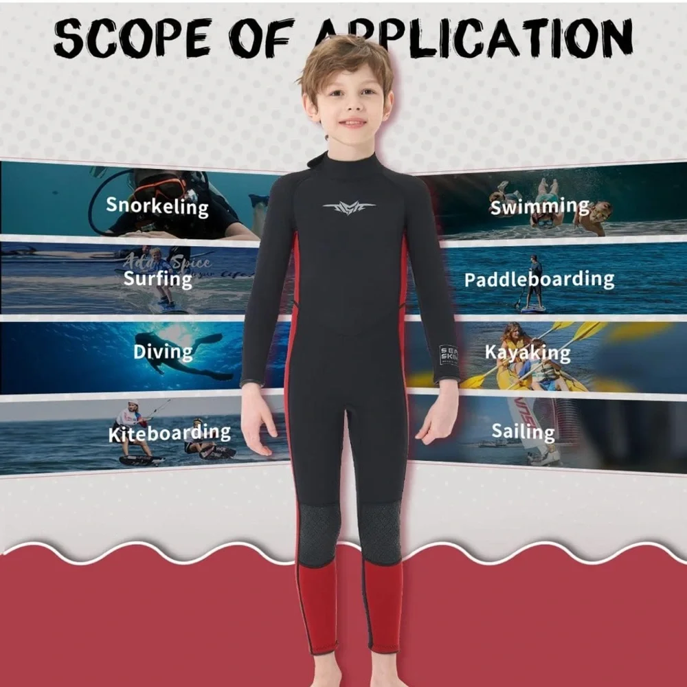 NWOT SeaSkin Youth Full Wetsuit Sz 12 – Black/Red – Surf, Swim, Dive, Kayak